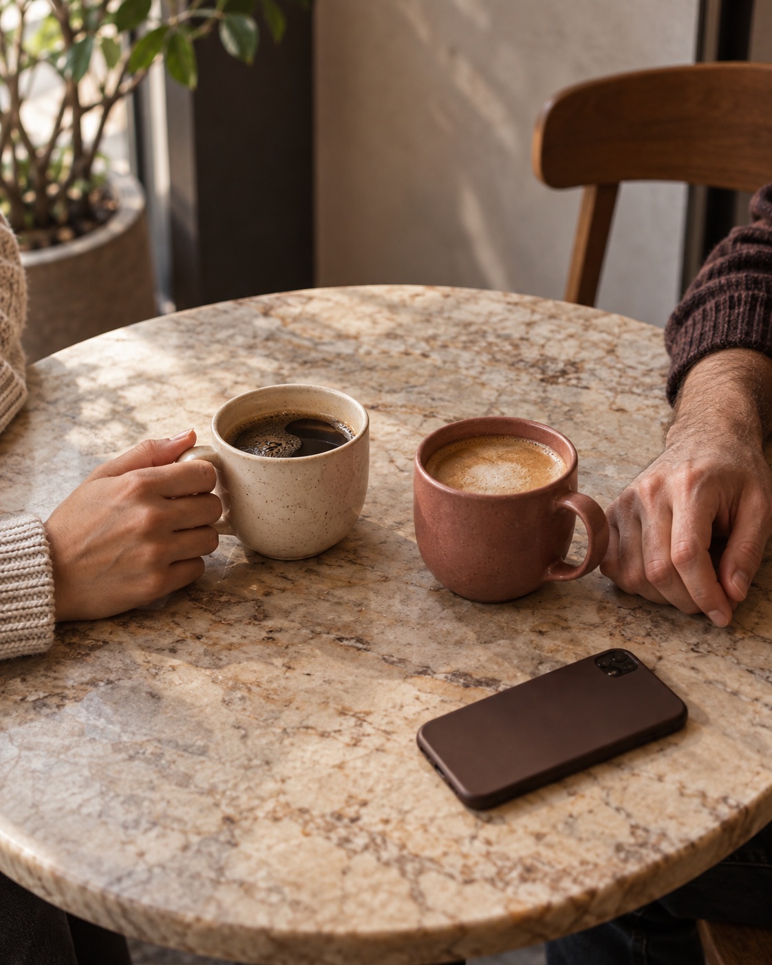 Two cups of coffee at a cafe table — AI-generated illustration